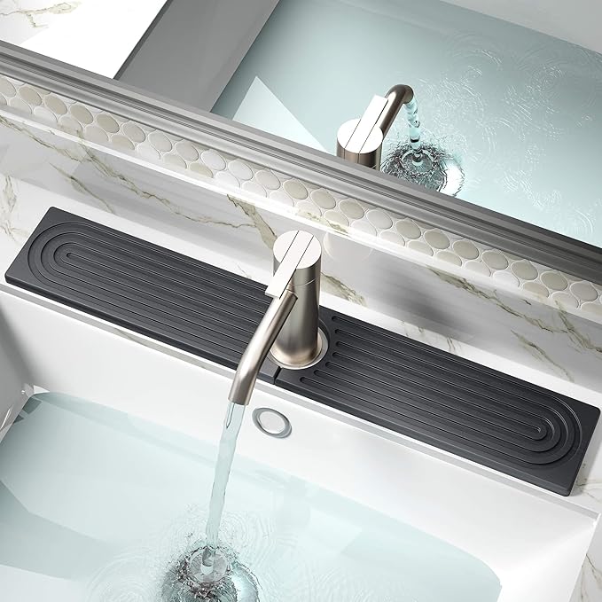 DK177 Faucet Mat for Kitchen Sink - Water Absorbing Stone Tray for Sink, Diatomite Fast-Drying Faucet Mat, Faucet Splash Guard for Bathroom Counter (Dark Gray, 23.6" x 4")