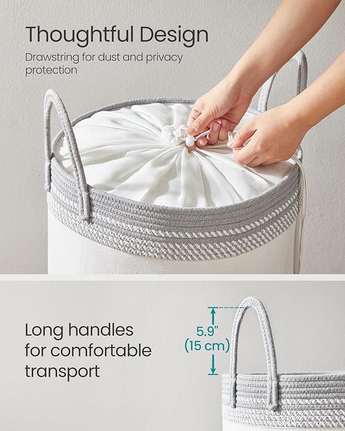 SONGMICS Laundry Hamper, Cotton Rope Laundry Basket with Handles, for Clothing, Living Room, Bedroom, 15.8 Gallons, 16.1 x 16.1 x 18.1 Inches, Cloud White and Dove Gray URLH060G01