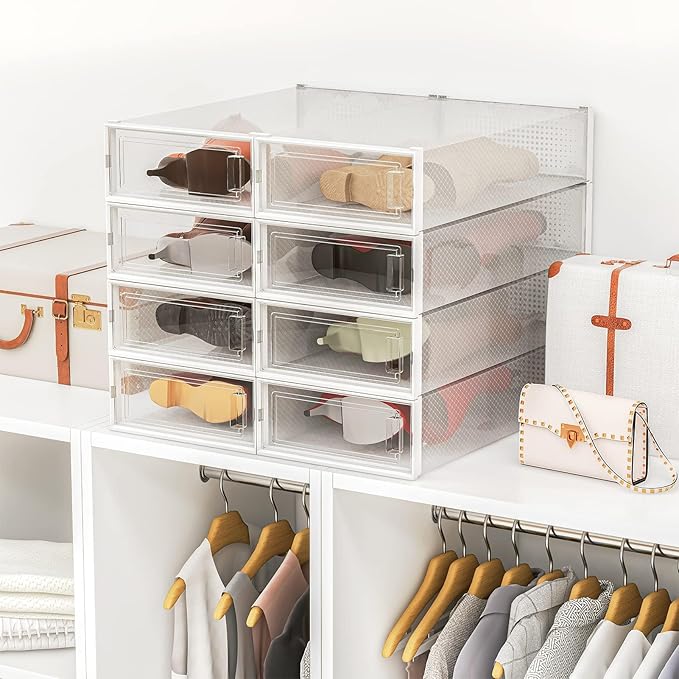 PARANTA 4-Piece Extra Large Boot and Shoe Storage Boxes, Stackable Clear Plastic Shoe Organizer, Space-Saving Shoe Boxes for Boots, Sneakers, and High Heels, Clear