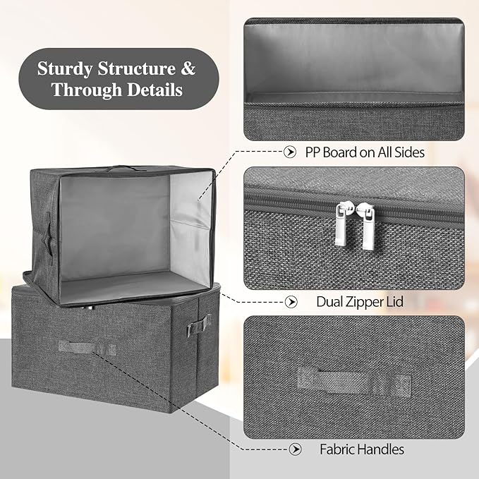 ANMINY Storage Bins with Zipper Lids 13 Qt Lidded Fabric Storage Boxes Baskets Cubes with Handles Collapsible Washable Cotton Linen Closet Shelf Clothes Organizer Containers - Gray, Small