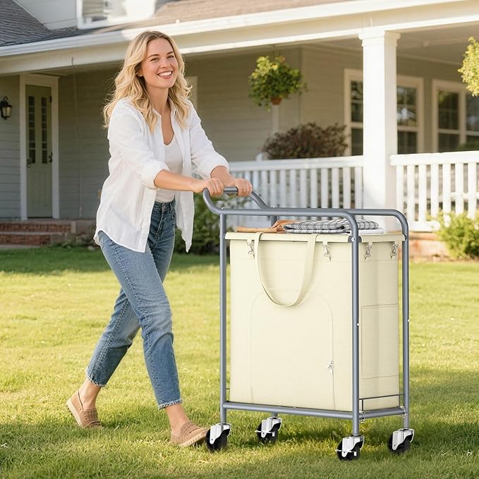 Laundry Basket with Wheels,114L Large Rolling Laundry Hamper, Heavy-Duty Laundry Cart Sturdy Metal Frame with Handle, Minimizes Bending Easy Access Clothing for Bedroom, Bathroom, Laundry Room (Beige)