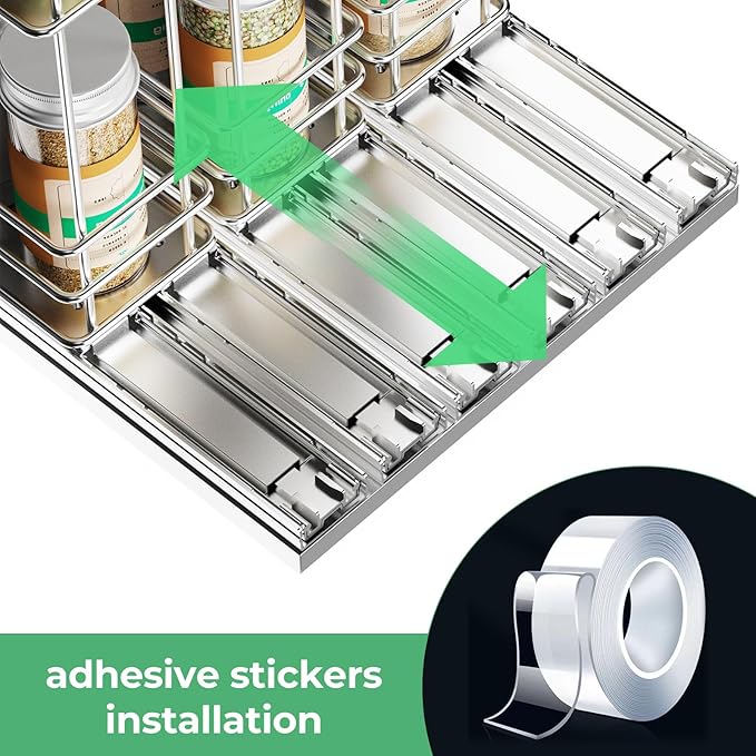 Pull Out Spice Rack Organizer for Cabinet, Slide Out Spice Racks, Easy to Install Spice Cabinet Organizers, 7.4" Wx10.43 Dx8.26 H, 3 Drawers 2 Tiers(Silver)