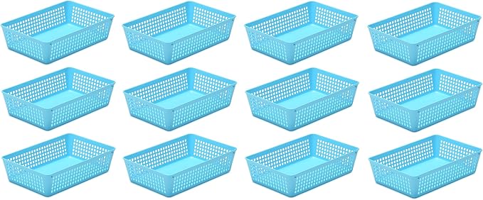 YBM Home 12-Pack Plastic Storage Baskets Bins for Home Junk Drawer, Shelves, and Office Organization, Functional Trays/Containers Great for Kitchen Pantry, Cabinets, Bedrooms, and Bathrooms, Blue