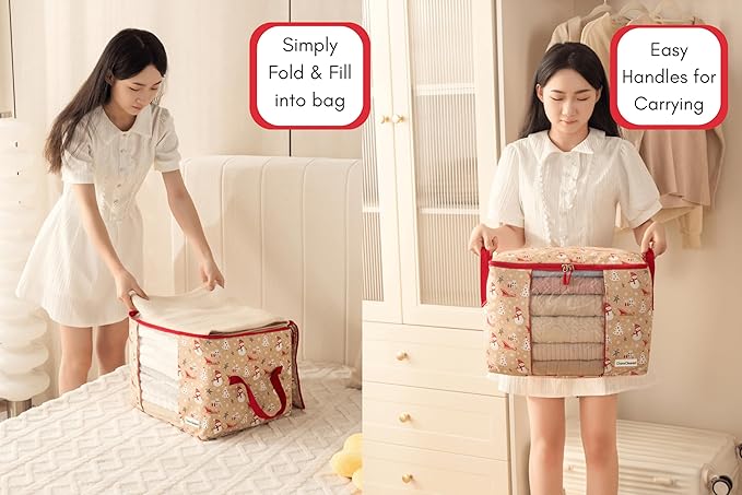 Chaos Cleared Canvas Storage Bags Designer Organizer 2 Pack – Seasonal Storage for Sweaters, Blankets, Linens & Garments – Foldable Design with Zip & Window, Moth-Proof Space Saver, Snowman Print