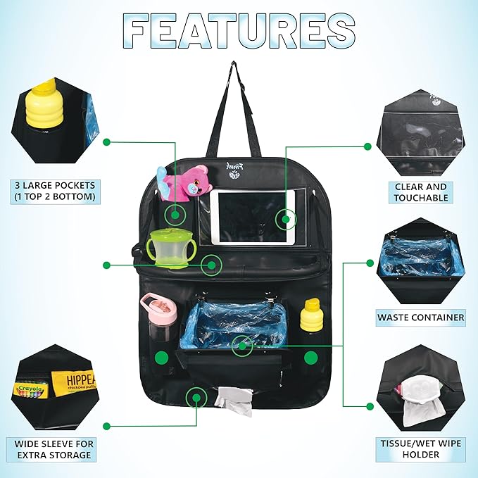 Car Backseat Organizer with Built-in Foldable Tray | Double Layered Leather, Waterproof Car Seat Organizer with - Pockets | Easy Installation, Perfect for Family Trips and Daily Use