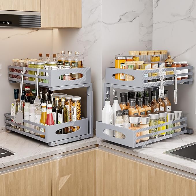 Under Sink Organizer, 2 Tier Under Sink Organizers and Storage, Adjustable Height, Slide out Metal Cabinet Organizers, Pull out Cabinet Storage Drawer Shelf for Kitchen Bathroom (Gray, 2Pack)