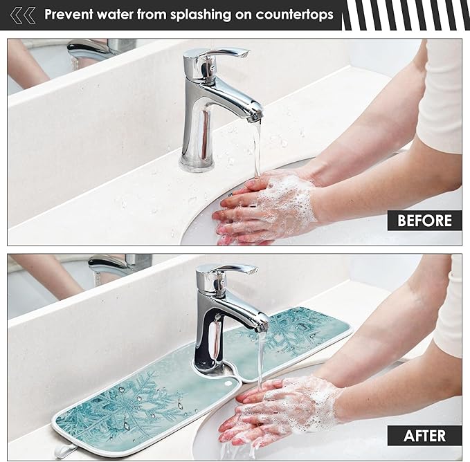 2 Pack Faucet Splash Catcher Blue Snowflakes Sink Mat for Faucet Absorbent Kitchen Splash Guard Drip Catcher for Farmhouse Barthroom Bar, L