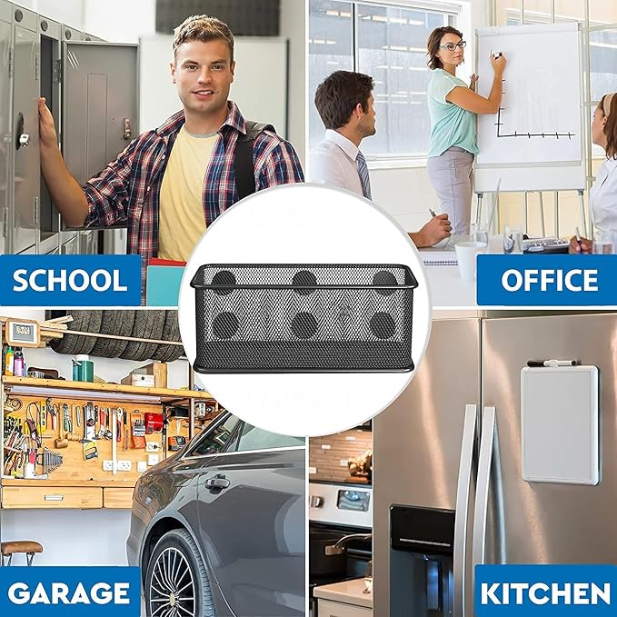 TAPBULL Mesh Magnetic Storage Baskets - Set of 1 (Black) with Anti-Slip Feature and Strong Magnets - Magnetic Locker Organizer and Pencil Holder for Whiteboard and Refrigerator (Black-1 pcs)
