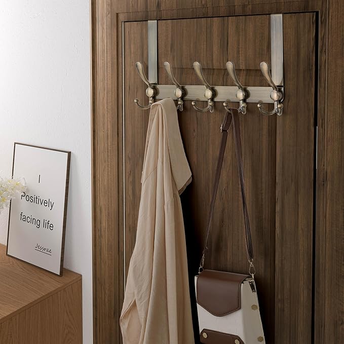 Dseap Over Door Hook 2.0 - Upgraded Version - Simple-Assembly, Strong, Heavy-Duty Stainless Steel 5-Tri-Hook Over The Door Hanger Rack, SimpleStrong Series, Bronze, Pack of 2
