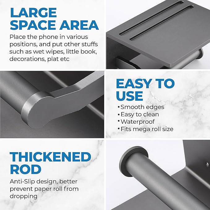 Homely Trove Toilet Paper Holder with Phone Shelf – Tissue Roll Holder Bathroom Storage Dispenser - Adhesive Toilet Paper Holder Wall Mount Bathroom Décor - Matte Gray