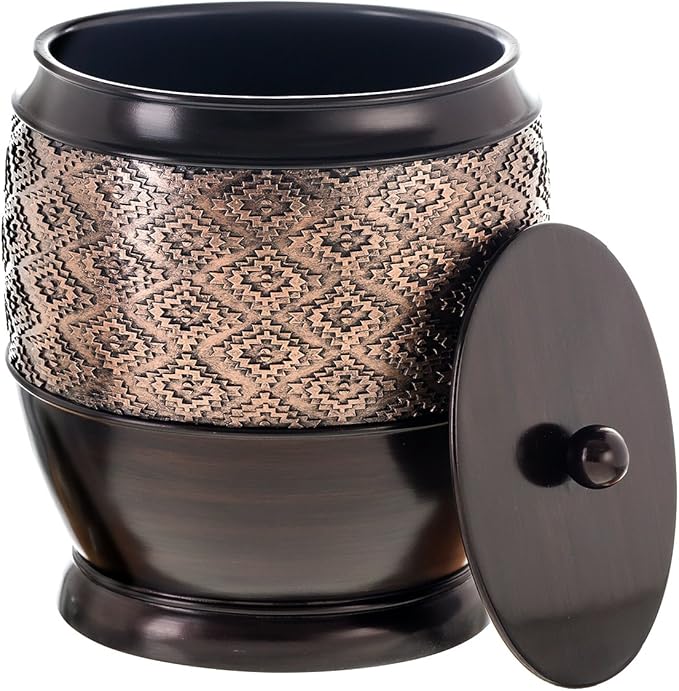 Creative Scents Dublin Brown Small Trash Can with Lid 1.26 Gal / 4.8L - Decorative Oval Waste Basket, Durable Resin Slim Bathroom Covered Garbage Can Wastebasket Bin for Diaper/Paper