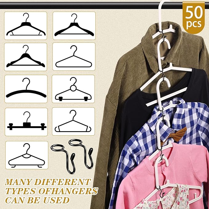 Sratte 50 Pieces Clothes Hanger Connector Hooks, Metal Clips Extender Hooks for Velvet Hangers Closet Space Saving(Black,50 Pieces)