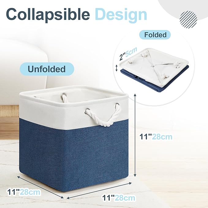 Posprica 11×11×11 Storage Cubes, Collapsible Storage Bins Organizer for Closet, Fabric Storage Box with Cotton Rope Handles, Decorative Storage Baskets for Shelves, Nursery, Toy, set of 6 - White/Blue