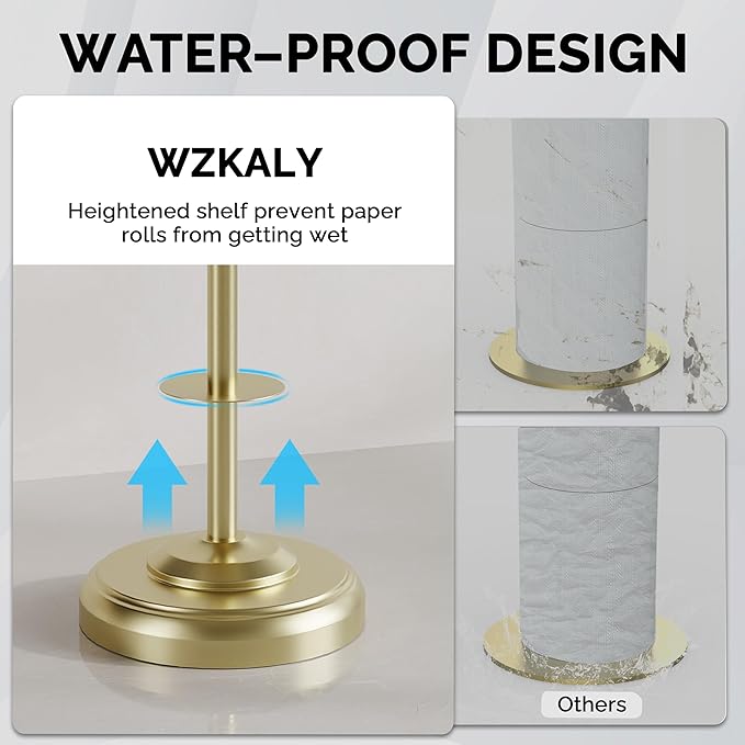 WZKALY Freestanding Toilet Paper Holder Stand with Storage – Holds 4 Extra Rolls – Brushed Gold Toilet Paper Holder for Bathroom – Sturdy Base, Classic Retro Style, Space-Saving Bathroom Storage
