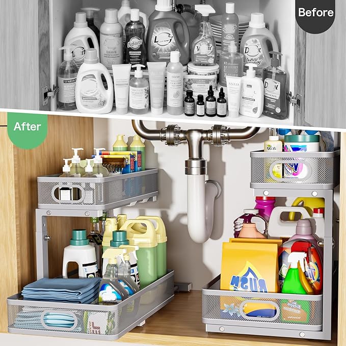 Under Sink Organizer, High Adjustable 2 Tier Under Sink Organizers and Storage, Slide Out Metal Cabinet Organizers, Pull Out Sink Storage Drawer Shelf for Kitchen Bathroom Cabinet, Grey, 1 Pack