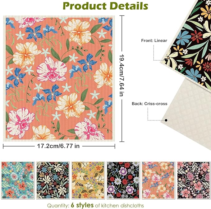 6 Packs Swedish Paper Cloths for Kitchen, Reusable Paper Towels Washable Dish Rags, Highly Absorbent Kitchen Towels Quick Drying Swedish Sponge Cleaning Dish Cloths (Colorful Floral)