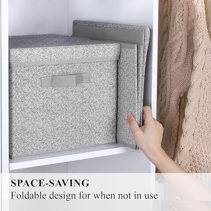WUIKE Foldable Storage Bins with Lids, Storage Boxes with Handles, Closet Shelf Organizer, Fabric Storage Baskets with Cover for Bedroom, 3-Pack, Ash Gray, Extra Large