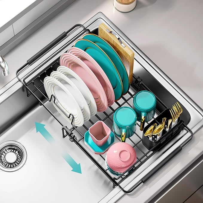 Expandable in Sink Dish Drying Rack - Adjustable Dish Rack Over Sink, Rustproof Dish Drainer for Kitchen Counter, Dish Strainer with Utensil Holder, Fit Kitchen for 13"-18"