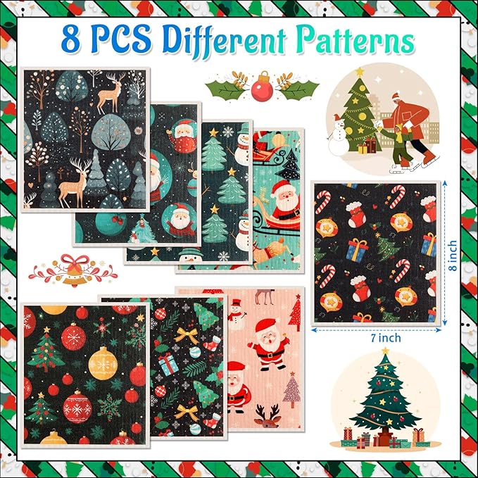 Lucomb 8 Pack Christmas Swedish Dishcloths Reusable, Kitchen Sponges Soft Absorbent Dish Towels Swedish Dish Cloths Washable Decorative for Kitchen Washing Dishes Bathroom Office Hand Towel Cleaning