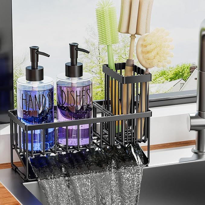 MASADI Kitchen Dish Soap Dispenser Set with Sponge Holder, 12OZ Glass Bottle, Hand and Dish Soap Dispenser Set, Non-Slip Silicone Pad, Brush Holder, Kitchen Sink Organizer Countertop (Black+Clear)