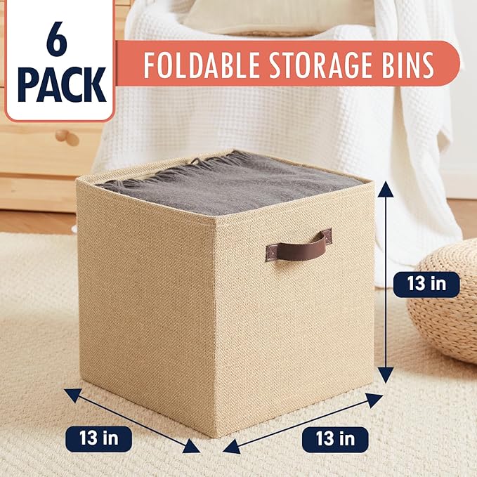 Ornavo Home 13 x 13 Storage Cube Bins, 6 Pack Jute Baskets, Fabric Storage Bins Shelf Basket Cube Organizer for Closet Foldable Collapsible with Leather Handles