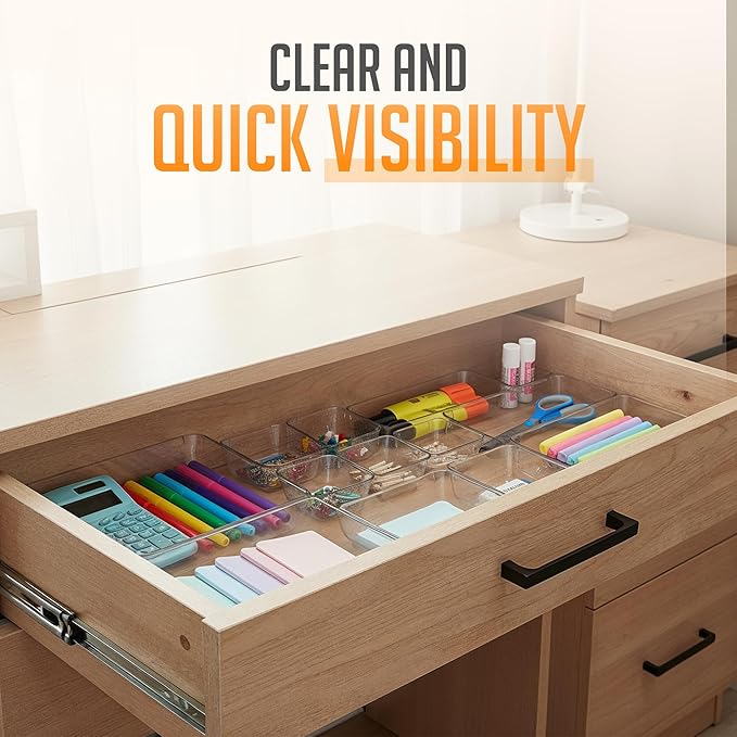 Masirs Clear Drawer Organizer Set - 25 Piece Plastic Storage Bins for Desk, Bathroom, Kitchen, Vanity - Modular Tray System for Makeup, Office Supplies, and Small Item Organization
