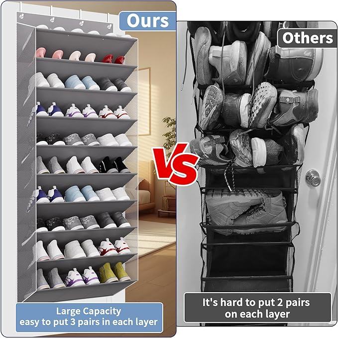 30 Pairs Over The Door Shoe Organizer, 10-Tier Hanging Shoe Rack with Deep Pocket for Closet, Extra Large Shoe Storage Holder for Sneakers, Boots, Heels(Grey)