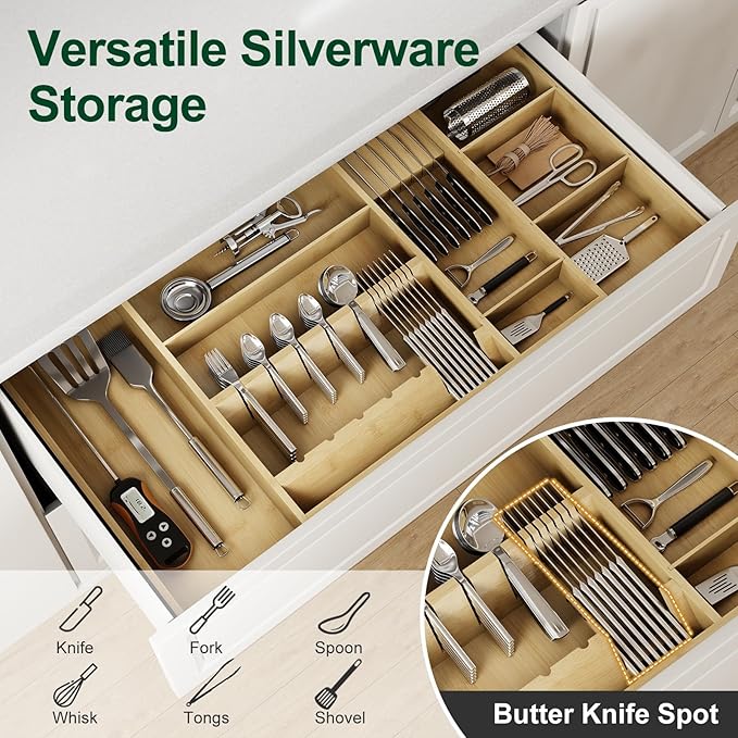 Bamboo Silverware Drawer Organizer, 17.7-29.5 Inch Expandable Large Kitchen Drawer Organizer, 5-8 Slot Flatware with Removable Card Slots & Knife Block for Spoon Butter Knive, Natural