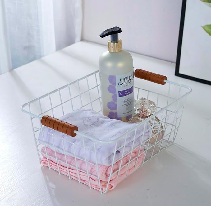 Wire Kitchen Storage Basket 2 Packs,Perfect Pantry Organization Accessories Baskets,Laundry Basket,With a Wooden Handle,Suitable for Kitchen,Bathroom,Bedroom,Tabletop,Stackable,White