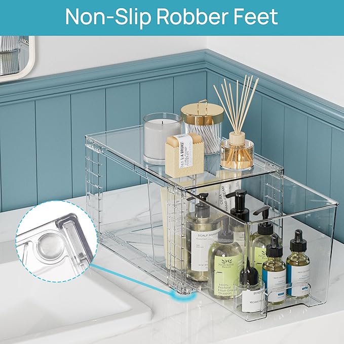 Vtopmart 6 Pack Clear Stackable Storage Drawers,Easy to Assemble Bathroom Organizers and Storage with handles,Plastic Drawers for Kitchen Pantry,Cabinet,Under Sink Organization