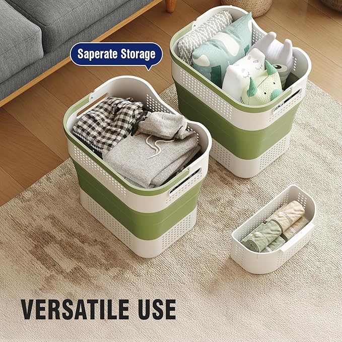 TECHMILLY Collapsible Plastic Laundry Basket Hamper with Handles, 35L Portable Rubber Clothes Basket, Pop Up Storage Container/Organizer with Hanging basket for Washing & Storage, Green