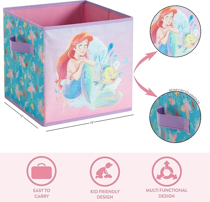 Disney Little Mermaid Storage Cubes,Set of 2 Spacious Collapsible Bins with Handles, Kids Toy Organizer for Bedroom & Playroom, 10" x 10"