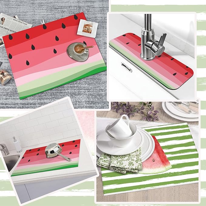 3Pcs Watermelon Dish Drying Mat & Kitchen Sink Splash Guard Faucet Mat For Kitchen Counter Absorbent Microfiber Dishes Pad Dish Drainer Rack Mats Fast Dry Kitchen