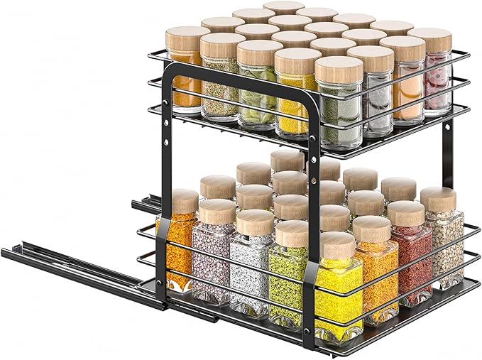 Pull Out Spice Rack Organizer for Inside Cabinet, 2 Tier Metal Spice Organization for Cabinet, 9.65"W x 10.7"D x 10.24"H, Vertical Slide Out Seasoning Organizer (Not for Cabinet with Lip)