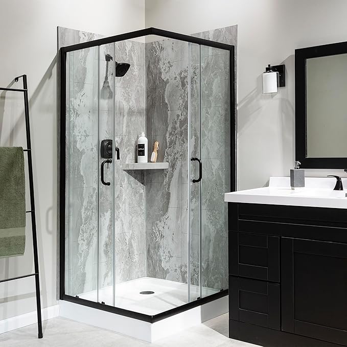 Palisade Vinyl Waterproof Corner Shower Shelf in Smoky Sky/Urban Slope