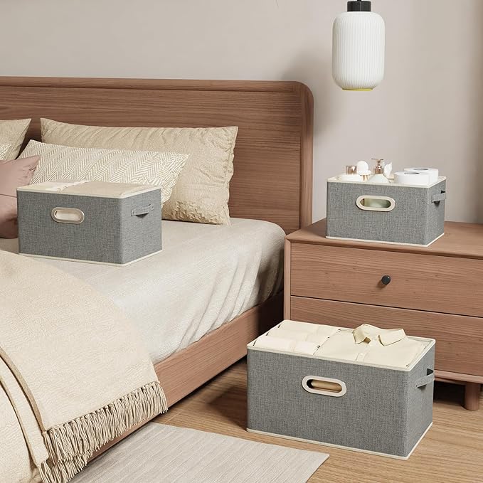 Fabric Open Storage Bins with Metal Handles, Collapsible Organizer Baskets, Foldable Cube Boxes for Shelves, Closet, Living Room, 10.2x7.9x6.7in, Grey, 2 Pack