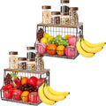 Livabber Fruit Basket for Kitchen, Metal Fruit Vegetable Storage Bin with 2 Banana Hangers, Countertop Wire Basket Organizer for Snack Potato Onion, Screw Mounted or Stand (Black, 2 Pack)