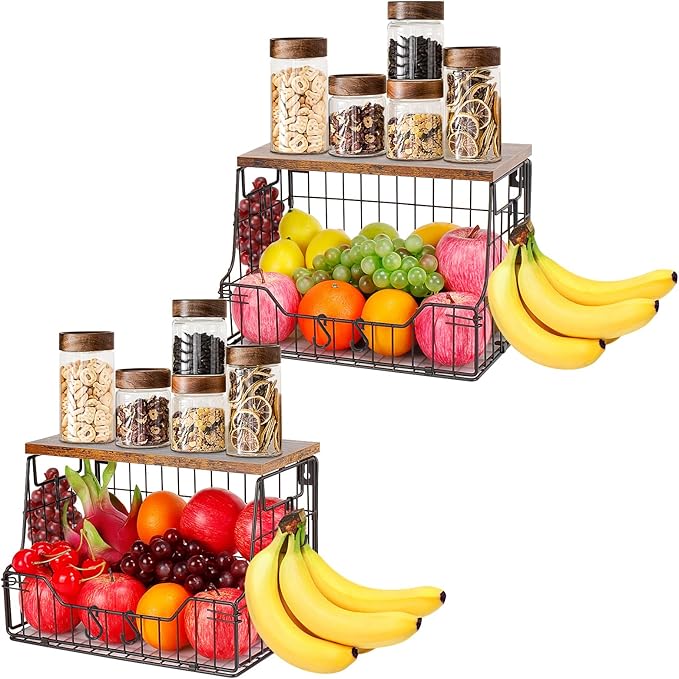 Livabber Fruit Basket for Kitchen, Metal Fruit Vegetable Storage Bin with 2 Banana Hangers, Countertop Wire Basket Organizer for Snack Potato Onion, Screw Mounted or Stand (Black, 2 Pack)