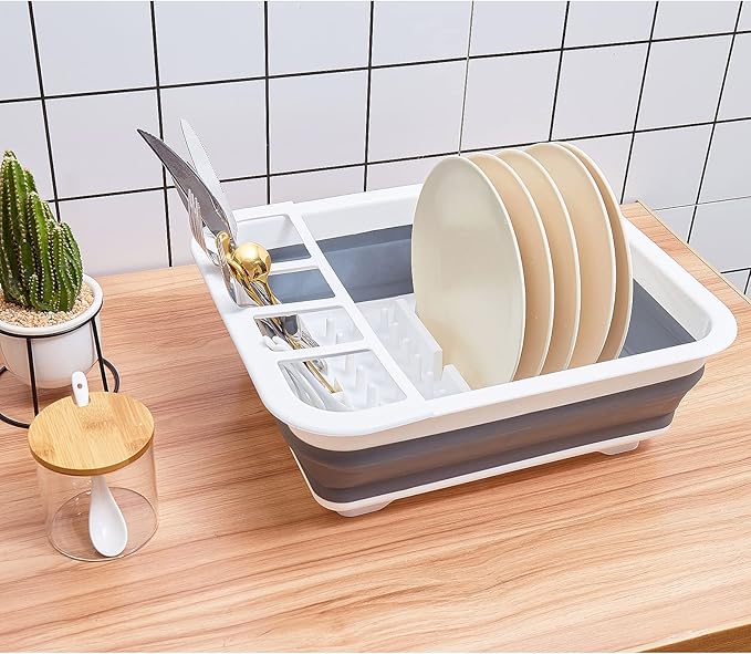 Collapsible Dish Drying Rack with Rotating Drain & Plug,Space-Saving Dish Drainers for Kitchen Counter, Portable Dish Rack Over Sink Drying Dinnerware,Travel Trailer RV Camping Essentials