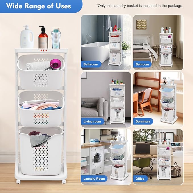 3 Tier Laundry Basket, Bathroom Laundry Basket Multi-layer Clothes Storage Basket 3 Tier Rolling Laundry Hamper with Wheels Freestanding Clothes Basket Organizer for Bathroom Living Room Bedroom