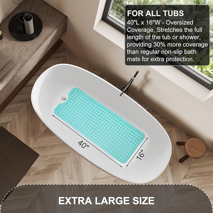 Bath Tub and Shower Mats, Non Slip 40 x 16 Inch Extra Large Bathtub Mat, Machine Washable Bathmat with Drain Holes, Suction Cups for Bathroom Floor, Clear Turquoise