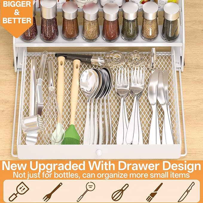Spice Rack Organizer for Cabinet: 4 Tier Spice Organization with Drawer, Depth Adjustable Metal Shelf for Kitchen Countertop, Cupboard, Pantry, Holds Seasoning and Condiments (White)