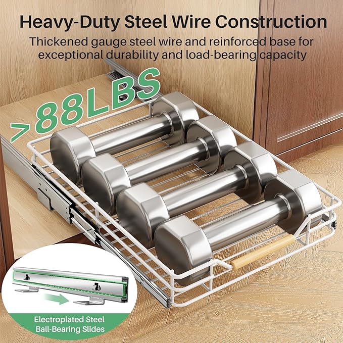 Pull out Cabinet Organizer, 18"W X 21"D, Heavy Duty Smooth Sliding Under Cabinet Shelves for Pots and Pans, Full-Extension Roll out Drawers, Slide out Organization for Home Kitchen Pantry, White