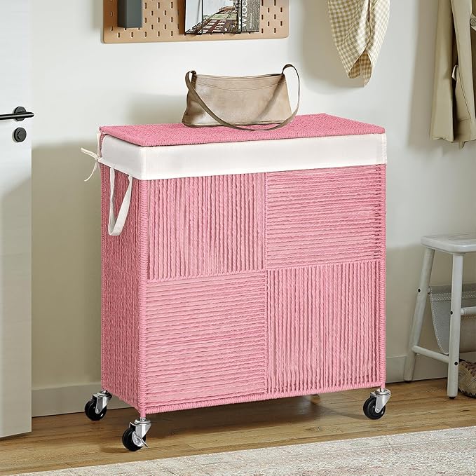 WOWLIVE Double Laundry Hamper with Lid, Handwoven Rolling Laundry Basket with Wheels, 115L Dirty Clothes Hamper with Removable Liner Bag Large Capacity Laundry Sorter Laundry Room Organization,Pink