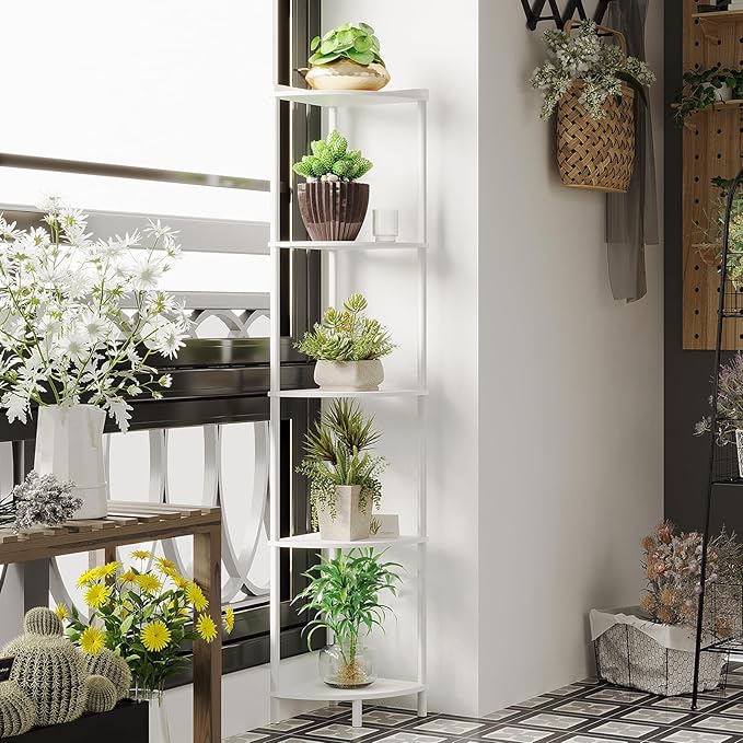 SUNMORY 5 Tier Corner Shelf Stand, Industrial 65" Corner Shelves Display Shelf for Living Room Decor, Wall Corner Bookshelf Multi Unit Organizer, Tall Shelf Plant Stand for Bedroom, Bathroom, White