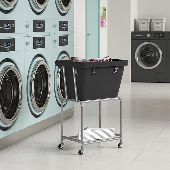 ELYKEN Laundry Cart with Wheels, Rolling Laundry Hamper with Removable Bag and Shelf, Metal Frame Laundry Basket with 4 Casters and 2 Brakes, Ideal for Bedroom, Bathroom, Laundry Room, Black
