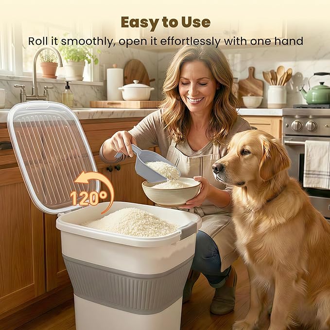 25-40Lbs Rice Container,Collapsible Food Storage Containers with Airtight Clear Lid,Wheels,Rice Storage Container with Small Bin and Scoop,Rice Dispenser for Flour Sugar Cereal Grain Dog Cat