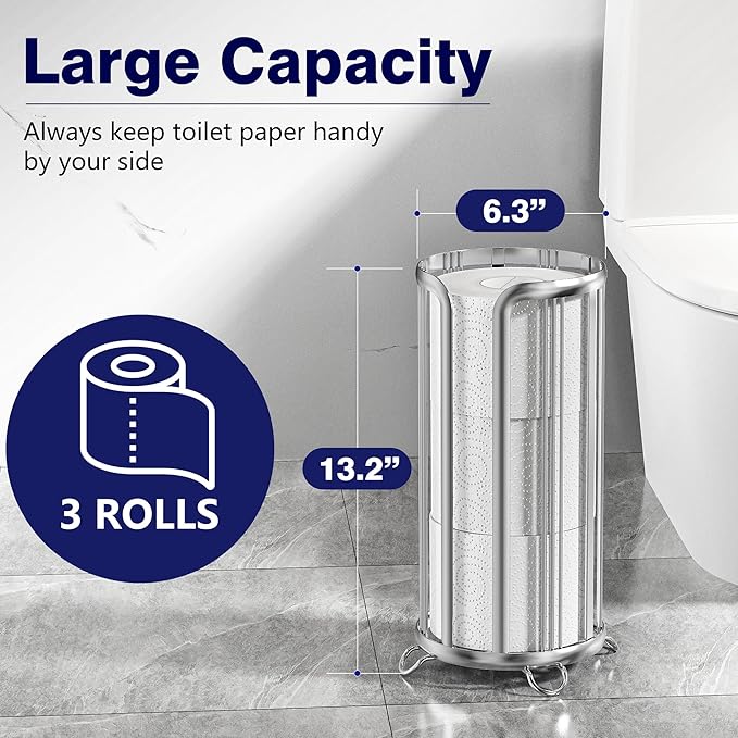 Toilet Paper Holder Stand, Freestanding Bathroom Tissue Organizer, Minimalistic Storage Solution, Reserve Mega Rolls,Stylish Bathroom Floor Toilet Paper Stand Silver