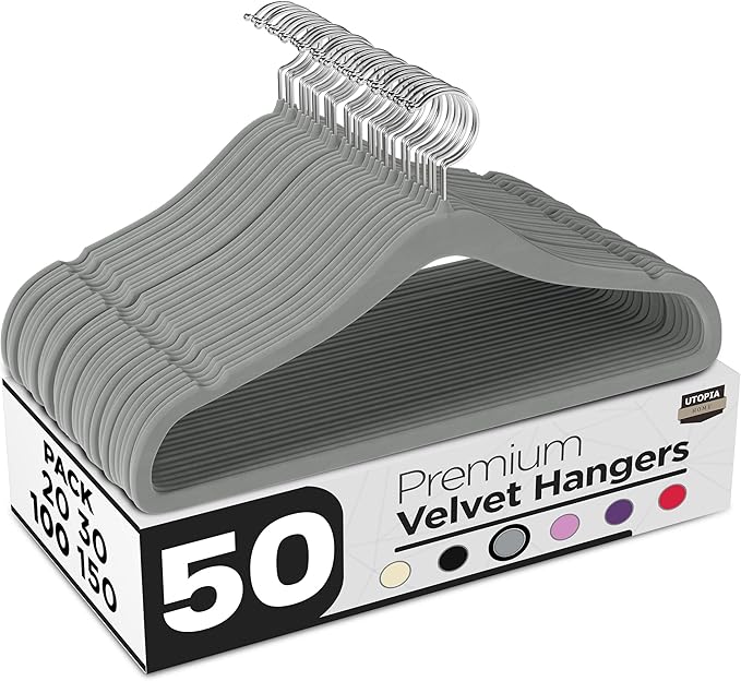 Utopia Home Velvet Hangers 50 Pack - Non-Slip Suit Hangers with 360 Degree Rotatable Hook - for Pants, Coats, Shirts & More (Grey)