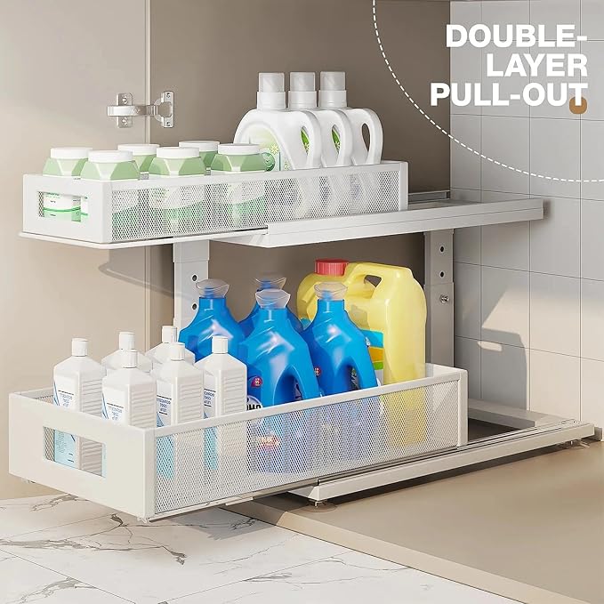 Corbyles 2 Pack 18.5IN-Depth Under Sink Organizer With Next-Gen Ball-Bearing Slides,2-Tier Pull Out Cabinet Storage,Height Adjustable Drawer Shelf for Bathroom,Kitchen,Laundry,Cabinet,Pantry-White